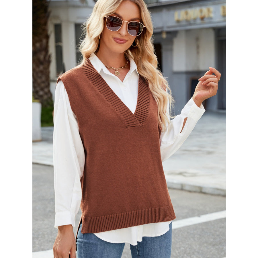 Side Slit V-Neck Sweater Vest Caramel / S Apparel and Accessories