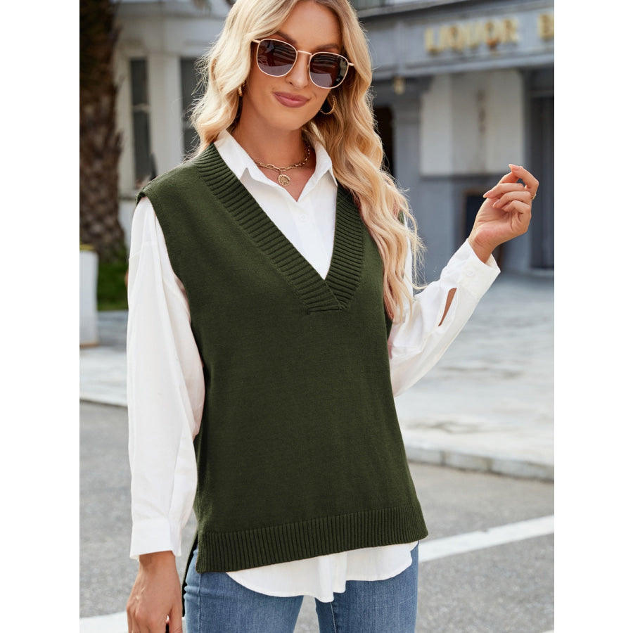 Side Slit V-Neck Sweater Vest Apparel and Accessories