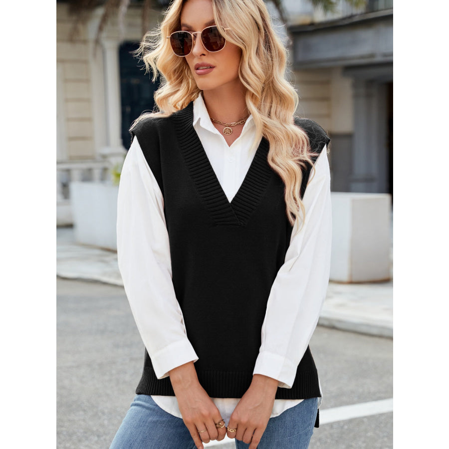 Side Slit V-Neck Sweater Vest Apparel and Accessories