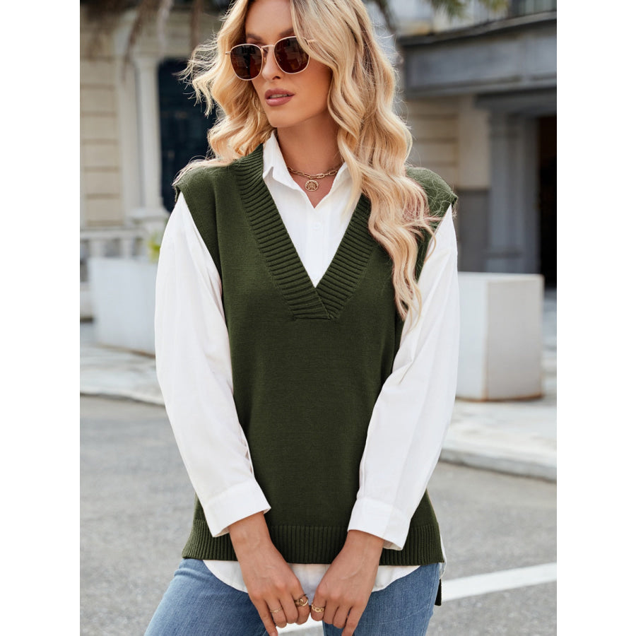 Side Slit V-Neck Sweater Vest Army Green / S Apparel and Accessories