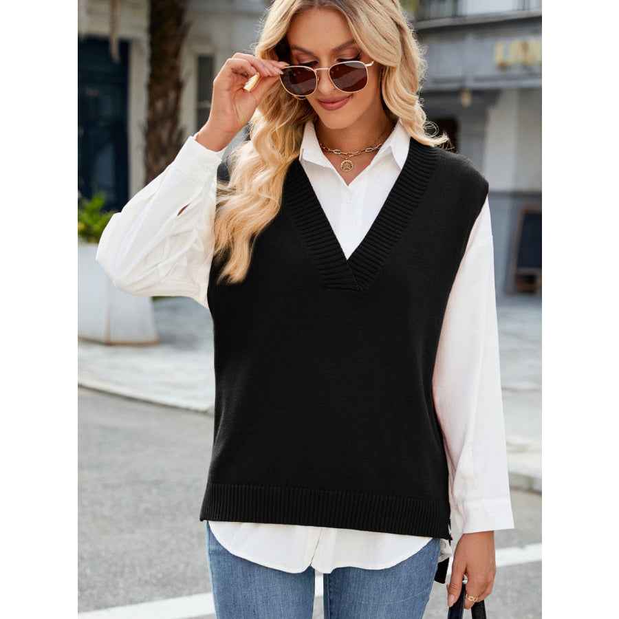 Side Slit V-Neck Sweater Vest Black / S Apparel and Accessories