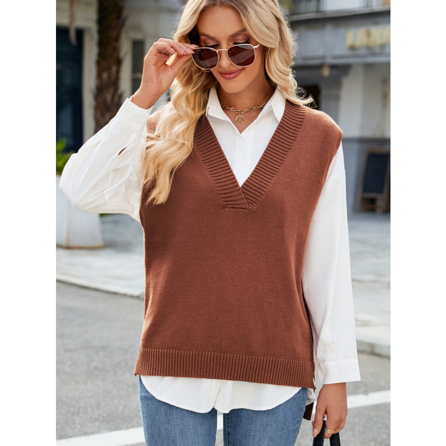 Side Slit V-Neck Sweater Vest Caramel / S Apparel and Accessories