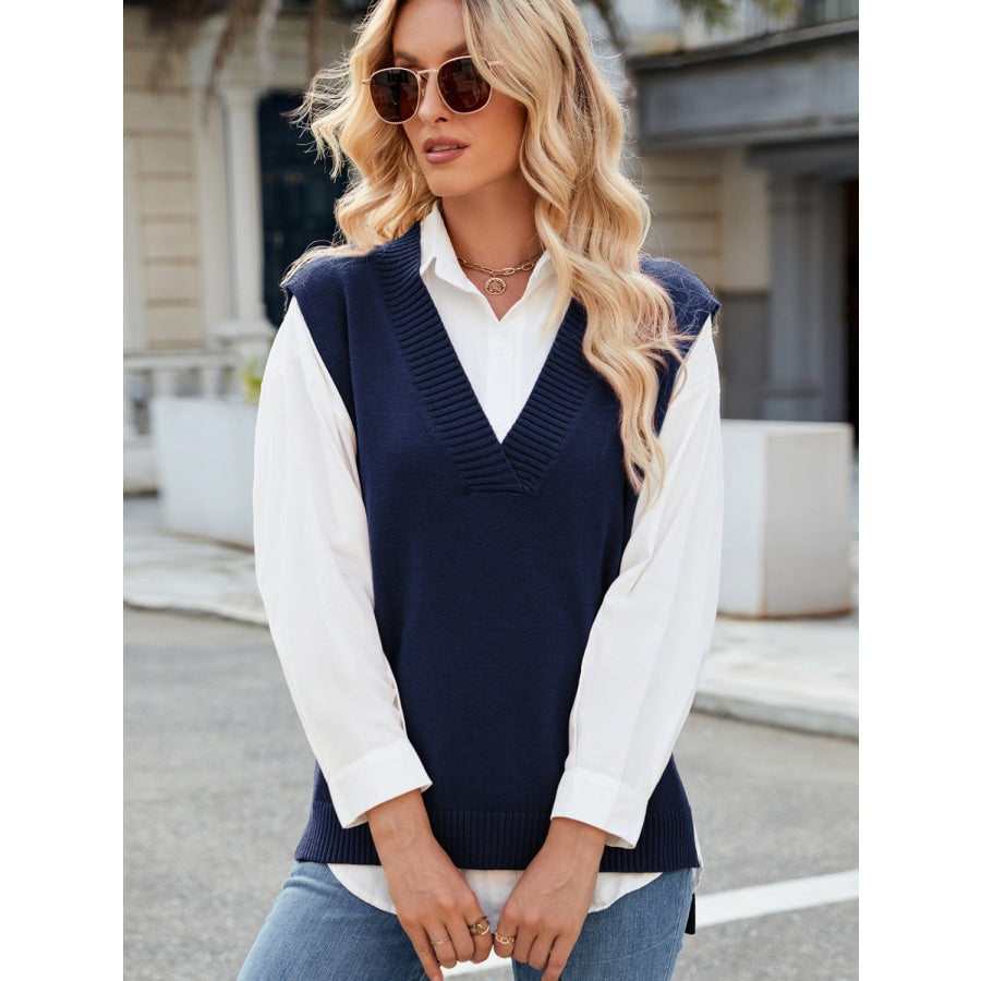 Side Slit V-Neck Sweater Vest Dark Blue / S Apparel and Accessories