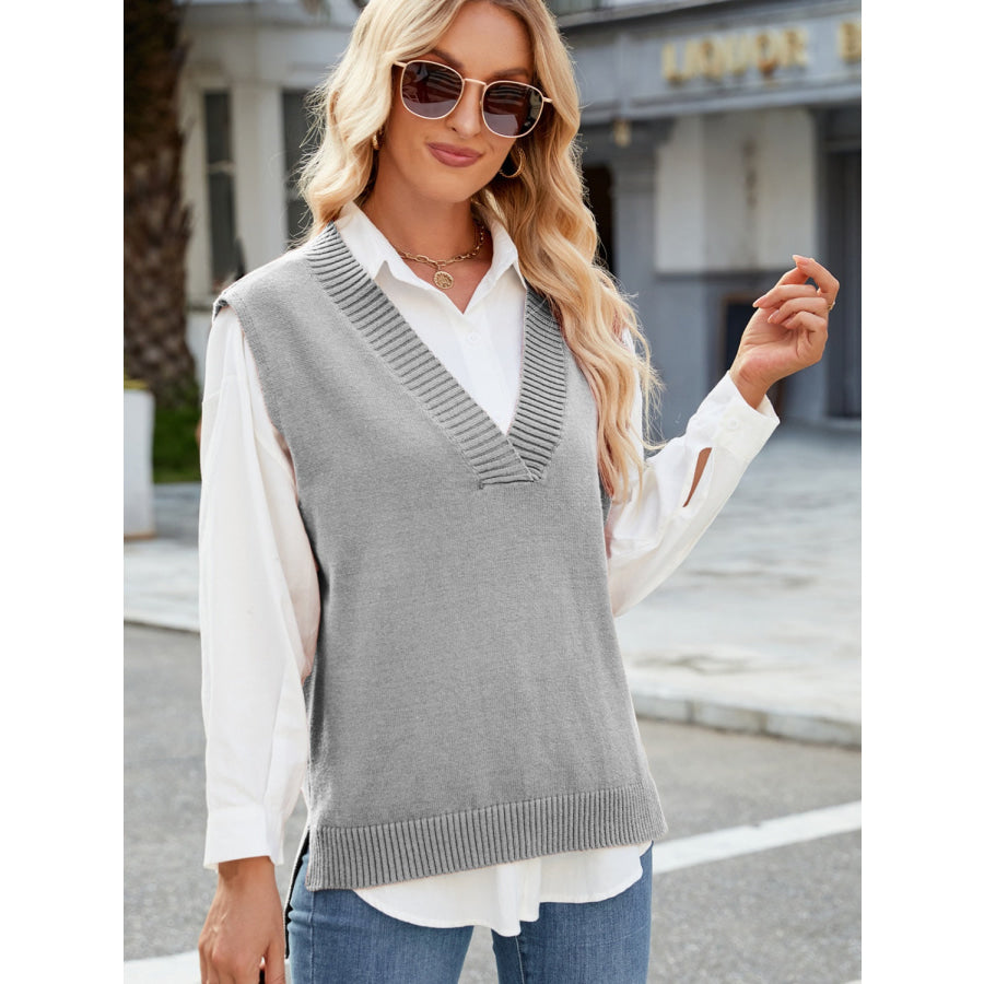 Side Slit V-Neck Sweater Vest Gray / S Apparel and Accessories