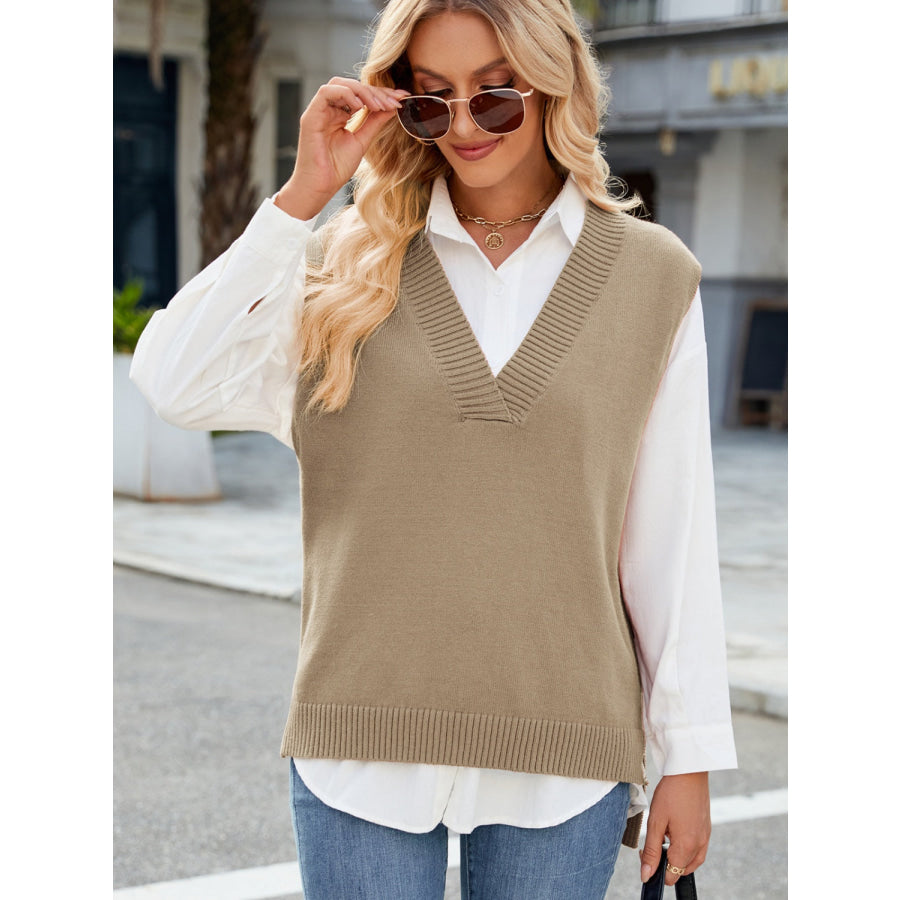 Side Slit V-Neck Sweater Vest Khaki / S Apparel and Accessories