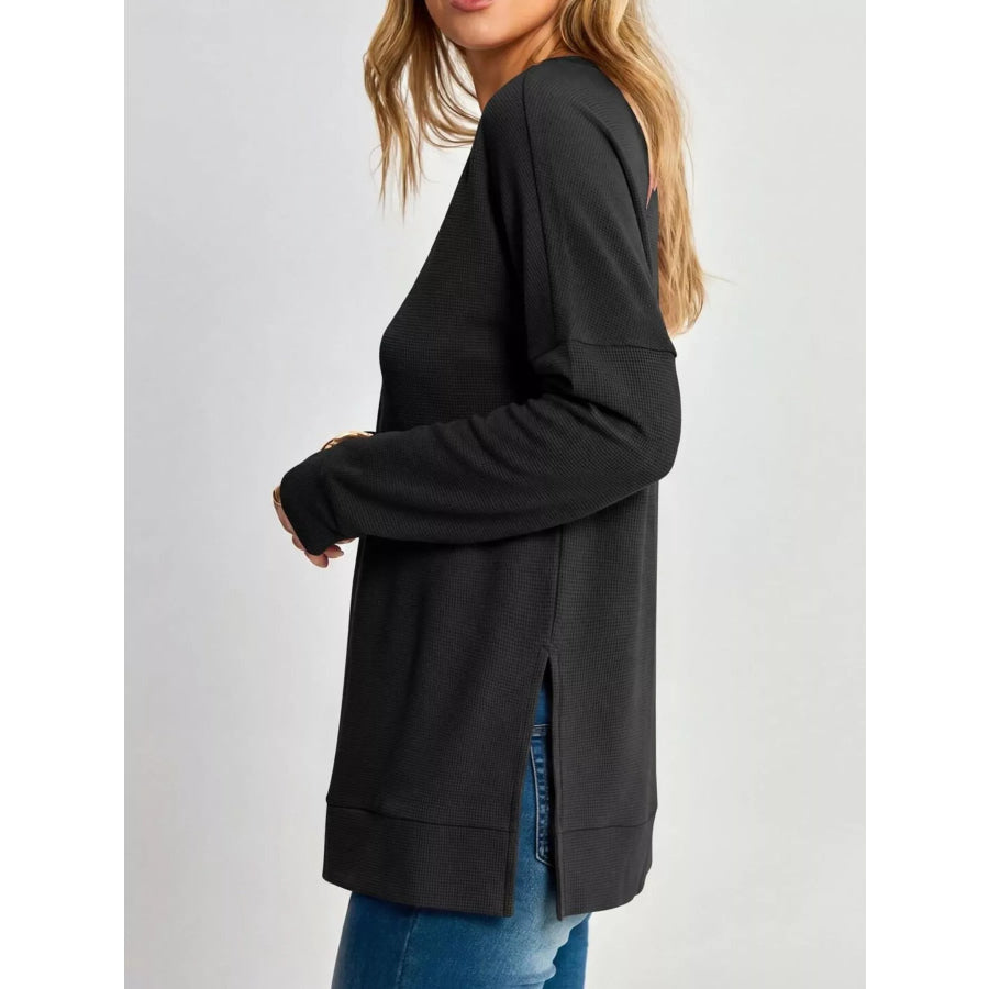 Side Slit Waffle Knit V-Neck T-Shirt Apparel and Accessories
