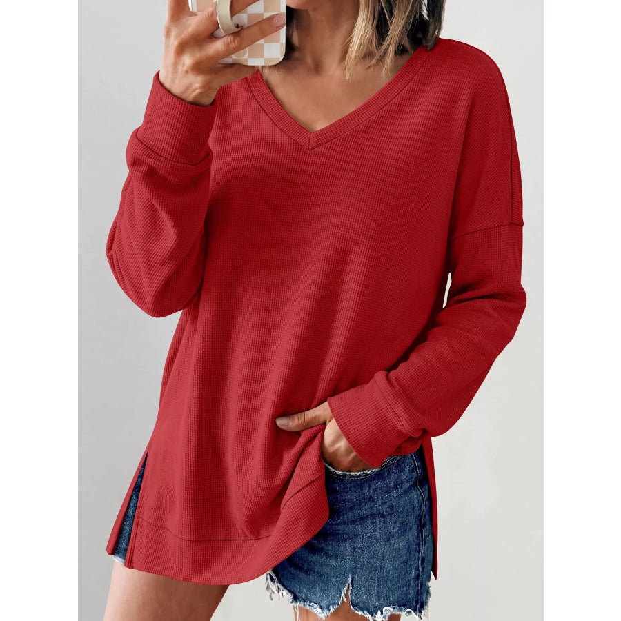Side Slit Waffle Knit V-Neck T-Shirt Apparel and Accessories