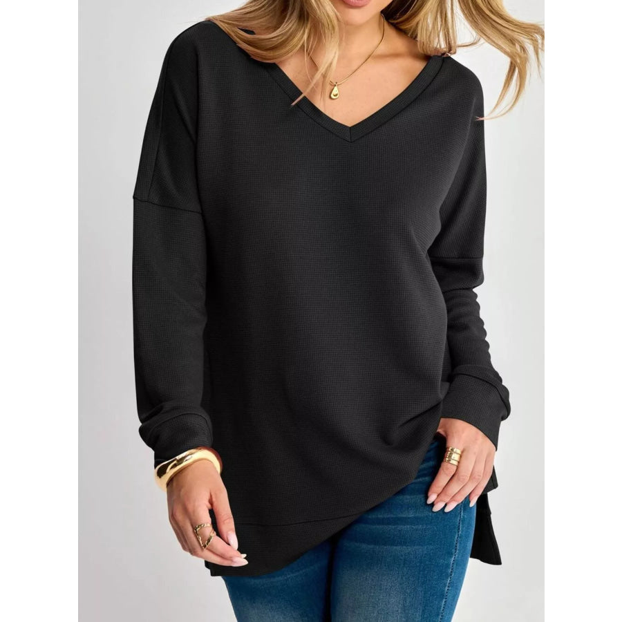 Side Slit Waffle Knit V-Neck T-Shirt Apparel and Accessories