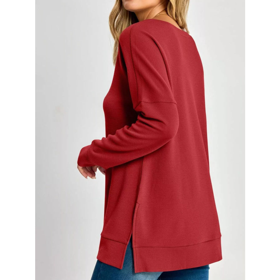 Side Slit Waffle Knit V-Neck T-Shirt Apparel and Accessories
