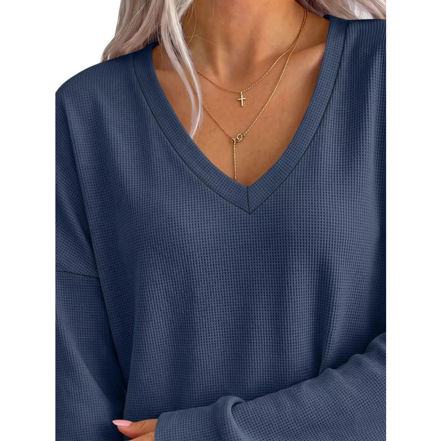 Side Slit Waffle Knit V-Neck T-Shirt Apparel and Accessories