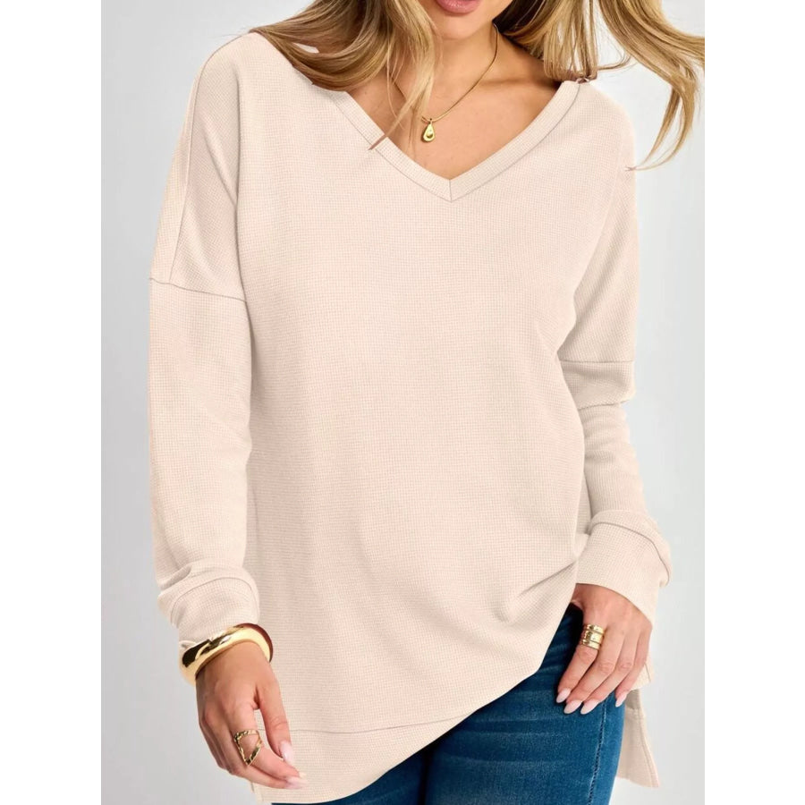 Side Slit Waffle Knit V-Neck T-Shirt Apparel and Accessories