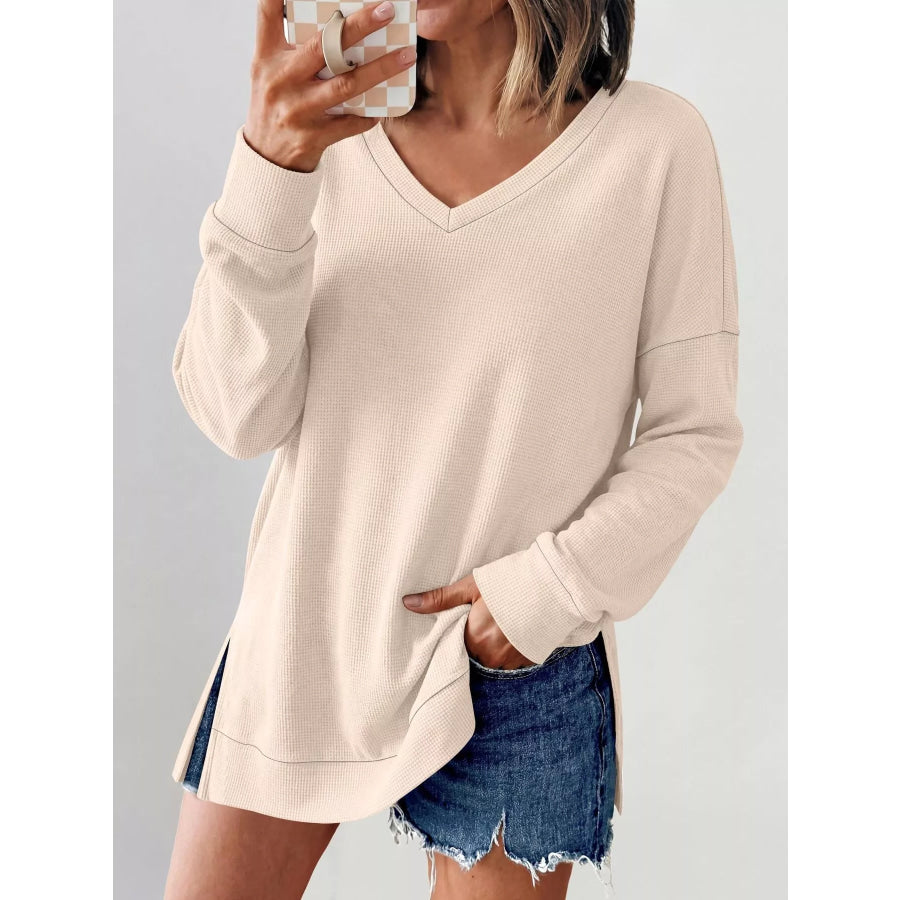 Side Slit Waffle Knit V-Neck T-Shirt Apricot / S Apparel and Accessories