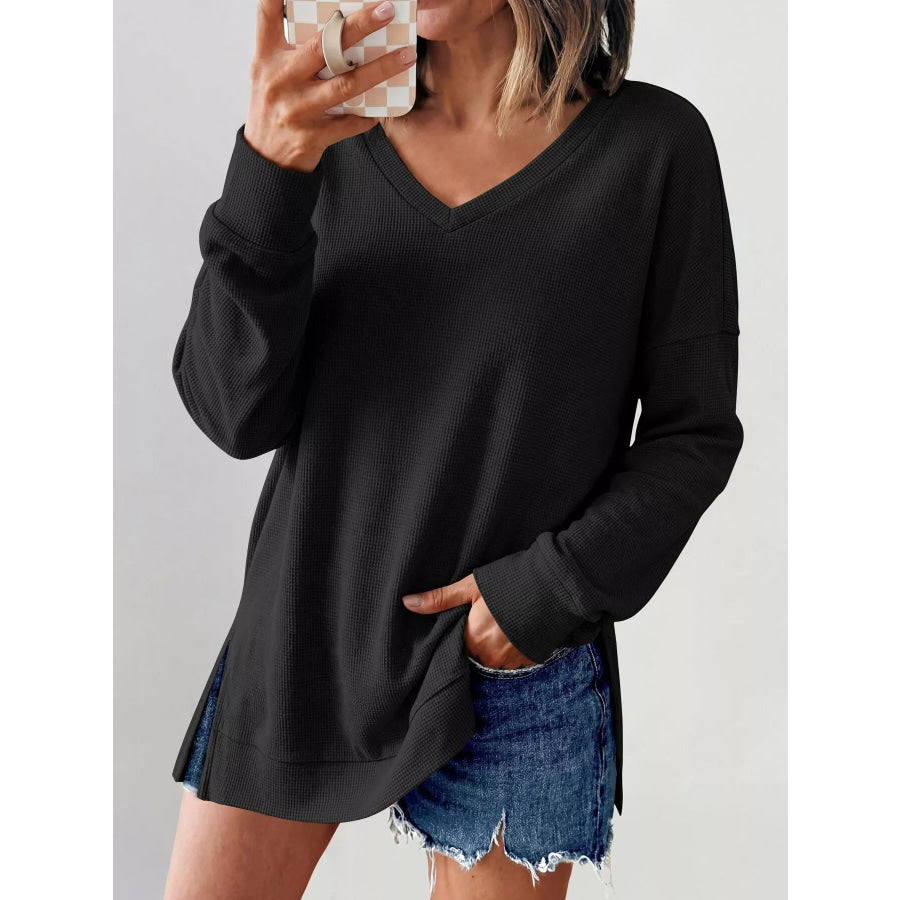 Side Slit Waffle Knit V-Neck T-Shirt Black / S Apparel and Accessories