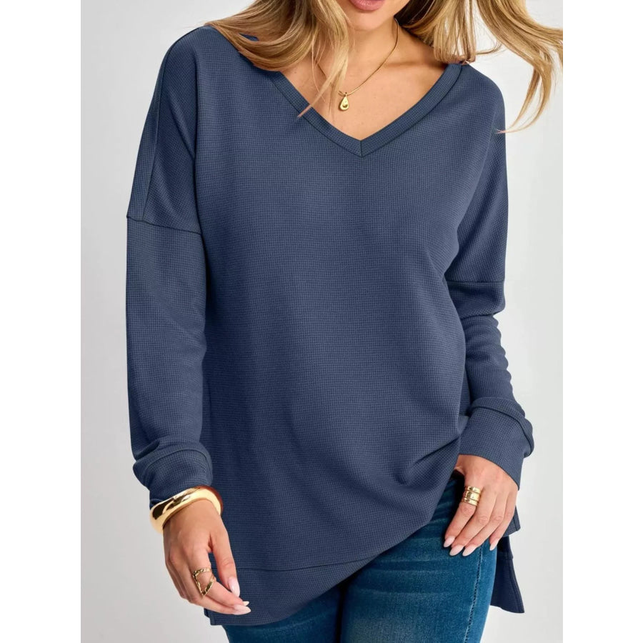 Side Slit Waffle Knit V-Neck T-Shirt Blue / S Apparel and Accessories
