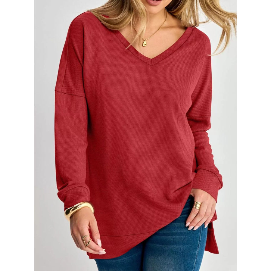 Side Slit Waffle Knit V-Neck T-Shirt Red / S Apparel and Accessories