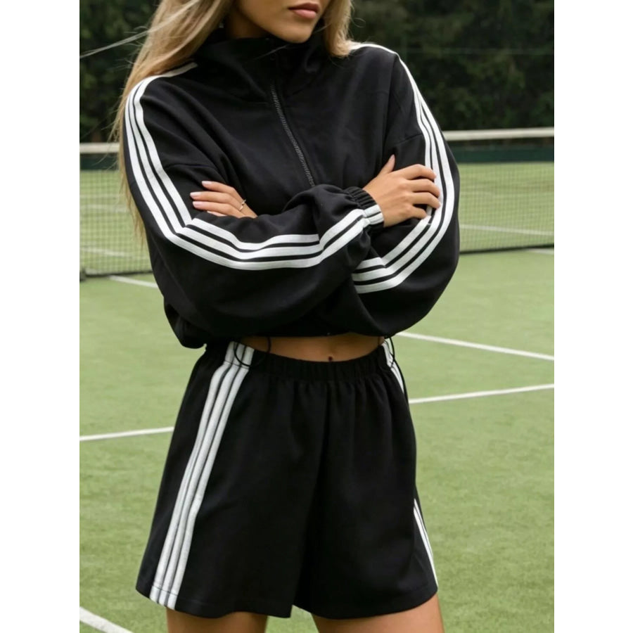 Side Stripe Detail Cropped Sporty Jacket and Shorts Set Apparel Accessories
