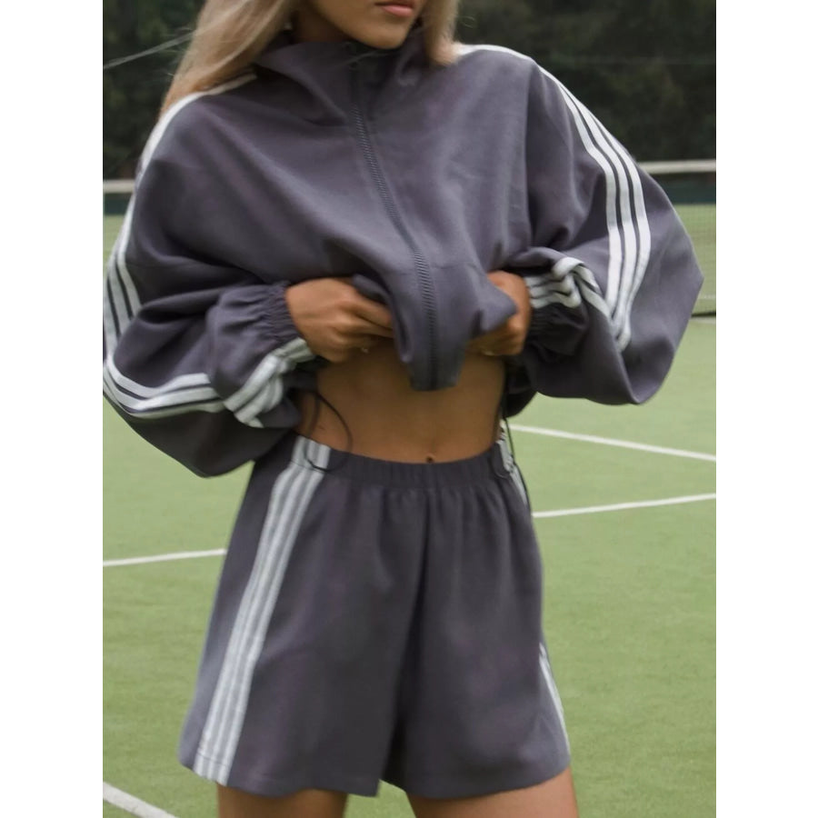 Side Stripe Detail Cropped Sporty Jacket and Shorts Set Apparel Accessories