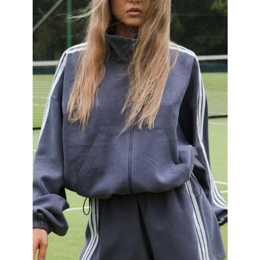 Side Stripe Detail Cropped Sporty Jacket and Shorts Set Apparel Accessories