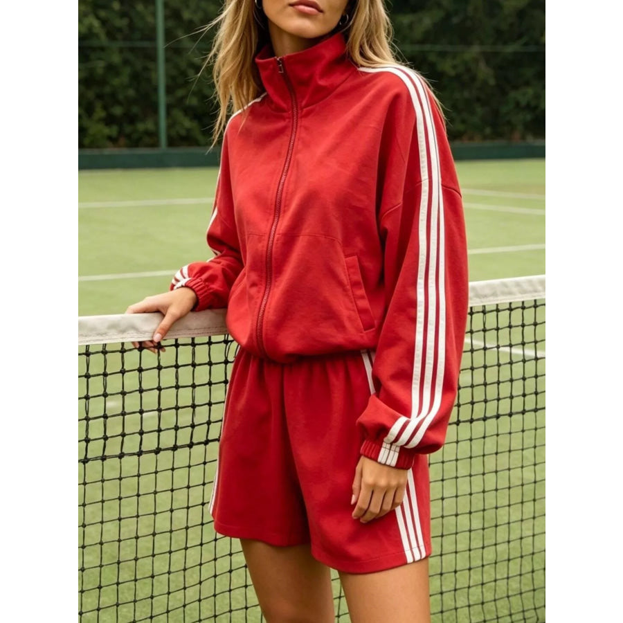 Side Stripe Detail Cropped Sporty Jacket and Shorts Set Apparel Accessories