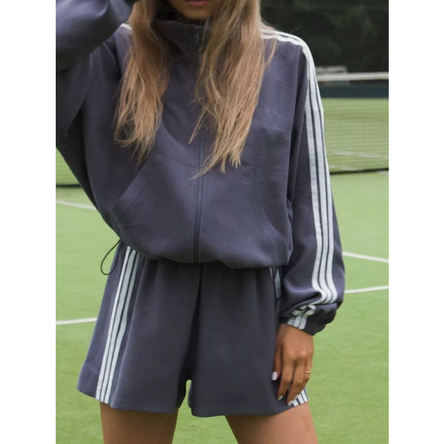 Side Stripe Detail Cropped Sporty Jacket and Shorts Set Apparel Accessories