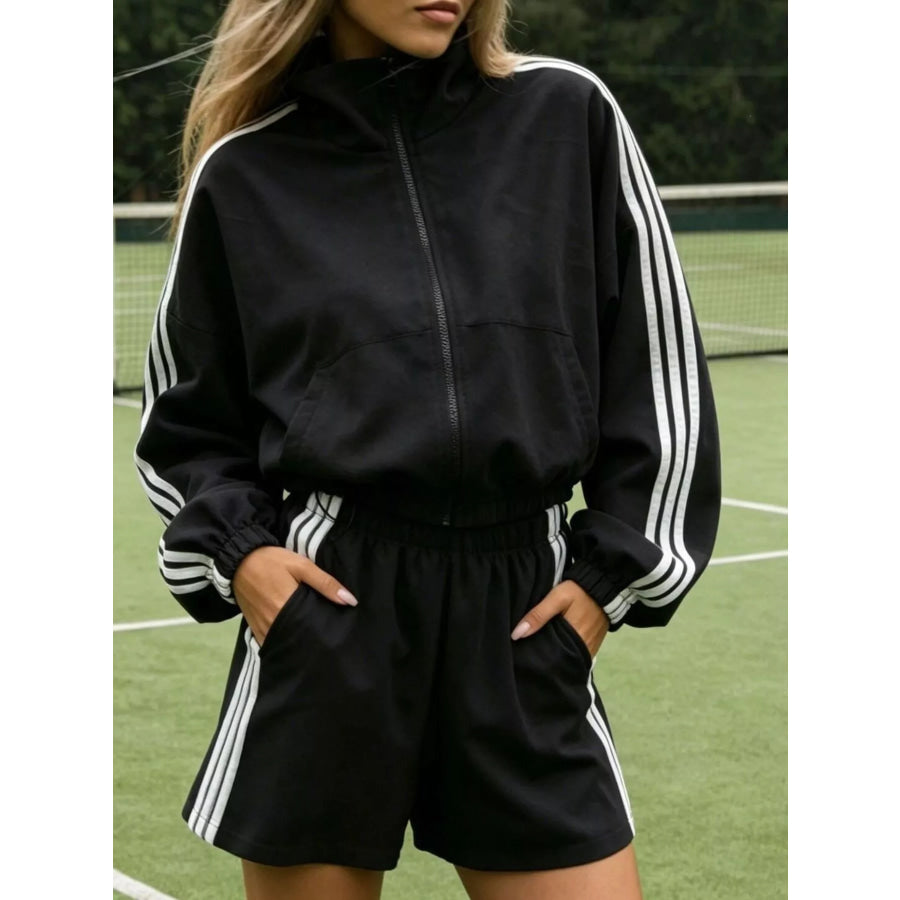 Side Stripe Detail Cropped Sporty Jacket and Shorts Set Black / S Apparel Accessories