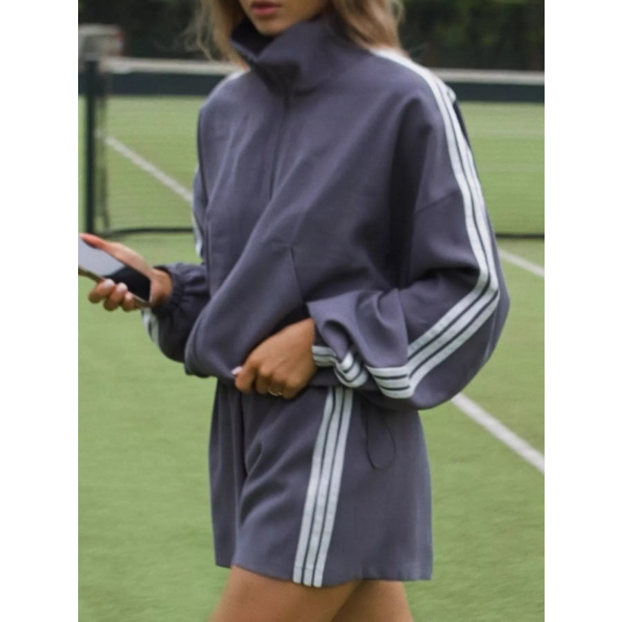 Side Stripe Detail Cropped Sporty Jacket and Shorts Set Grey / S Apparel Accessories