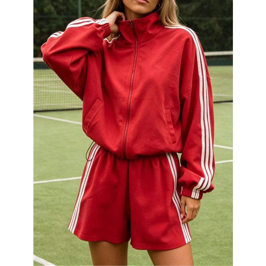 Side Stripe Detail Cropped Sporty Jacket and Shorts Set Red / S Apparel Accessories
