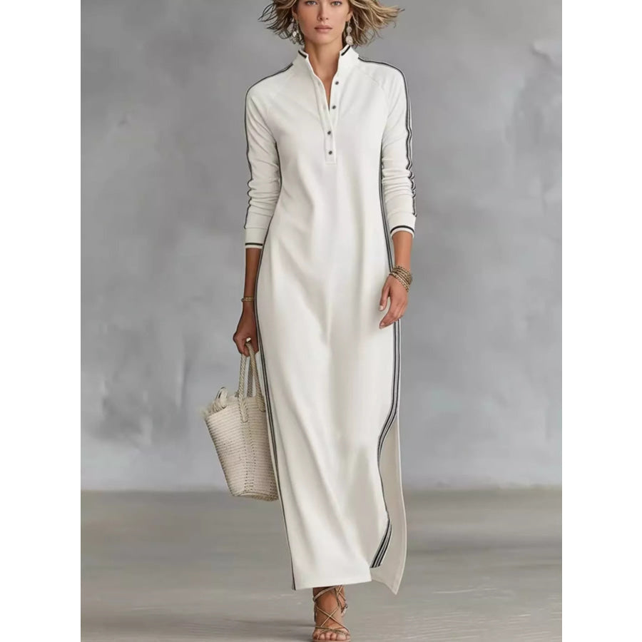 Side Stripe Detail Slit Maxi Dress White / S Apparel and Accessories