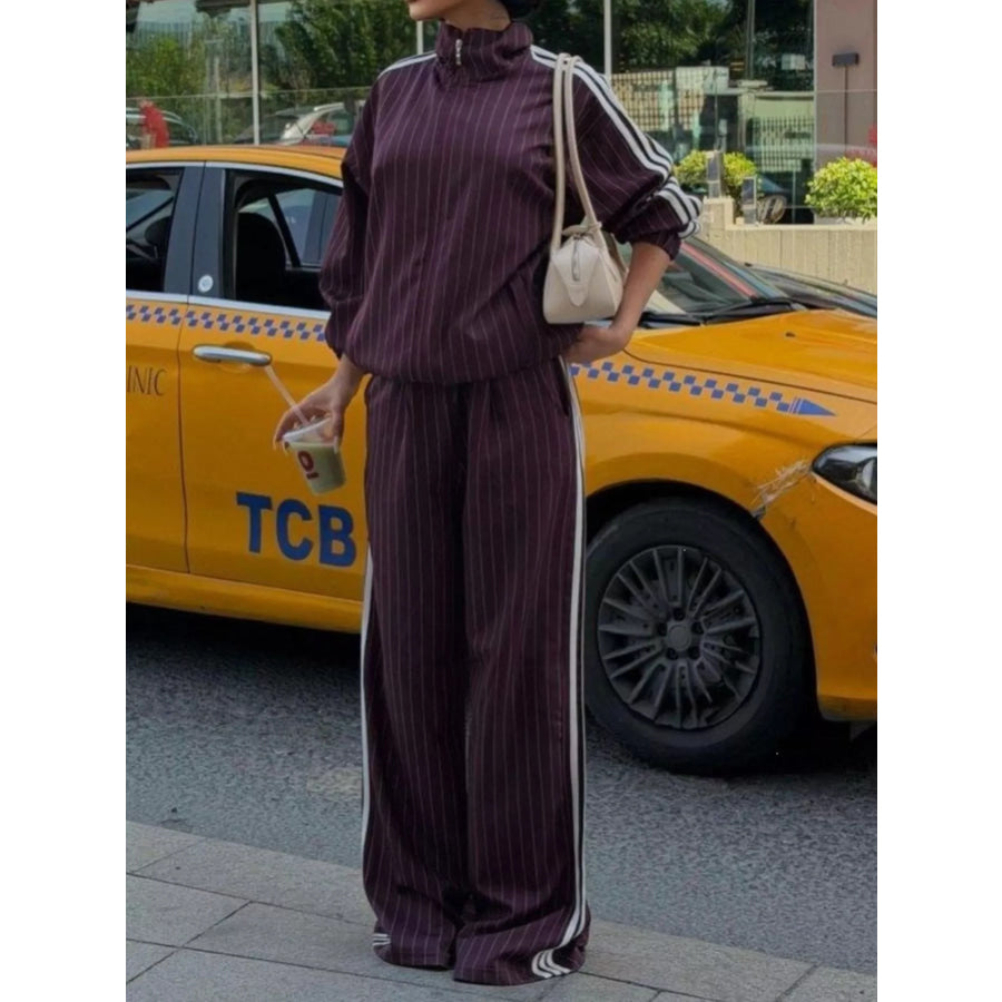 Side Stripe Zip Up Jacket and Pants Set Burgundy / S Apparel Accessories