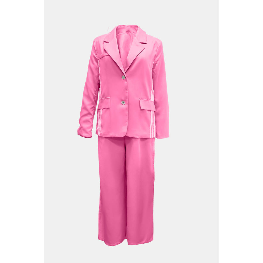 Side Striped Long Sleeve Blazer and Pants Set Hot Pink / S Apparel and Accessories