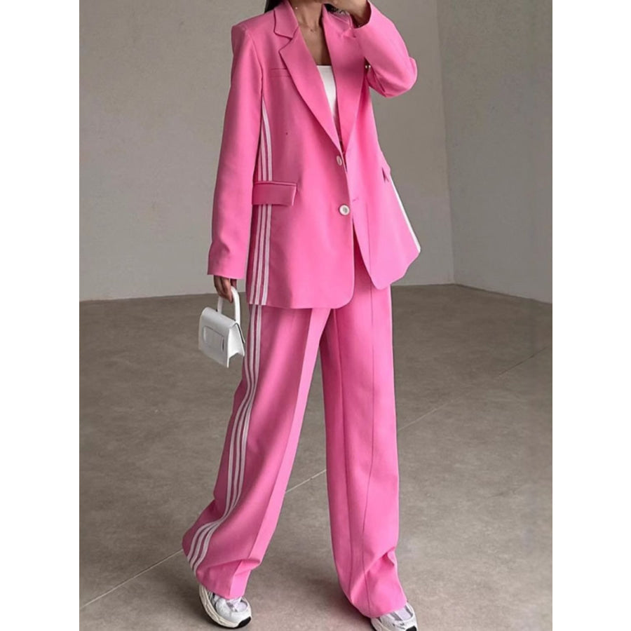 Side Striped Long Sleeve Blazer and Pants Set Hot Pink / S Apparel and Accessories