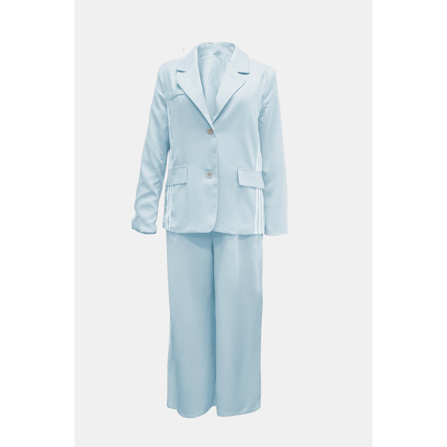 Side Striped Long Sleeve Blazer and Pants Set Mint Blue / S Apparel and Accessories