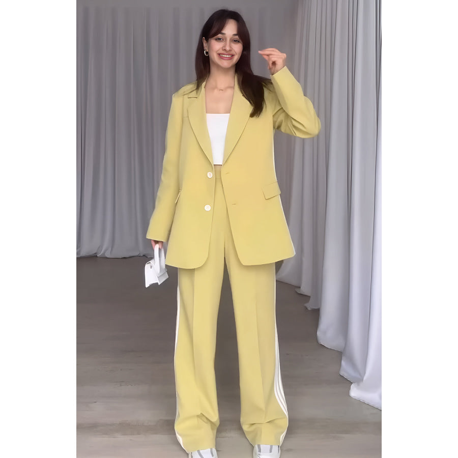 Side Striped Long Sleeve Blazer and Pants Set Pastel Yellow / S Apparel and Accessories