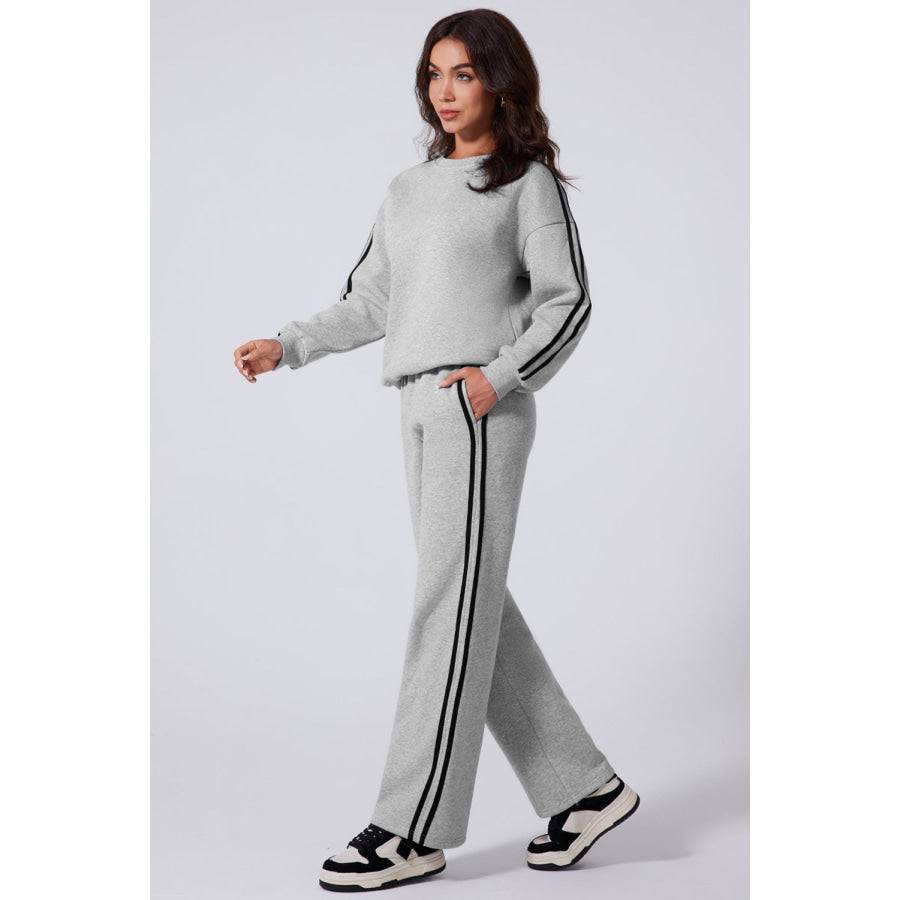 Side Striped Round Neck Top and Pants Active Set Apparel and Accessories