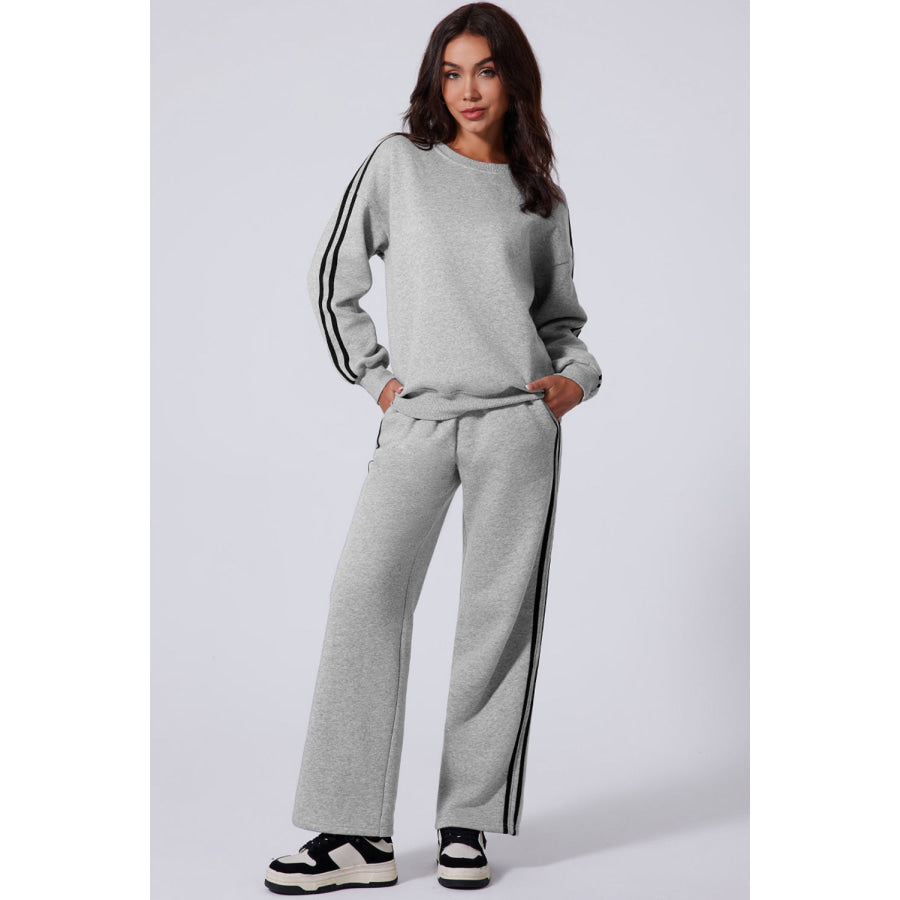 Side Striped Round Neck Top and Pants Active Set Apparel and Accessories