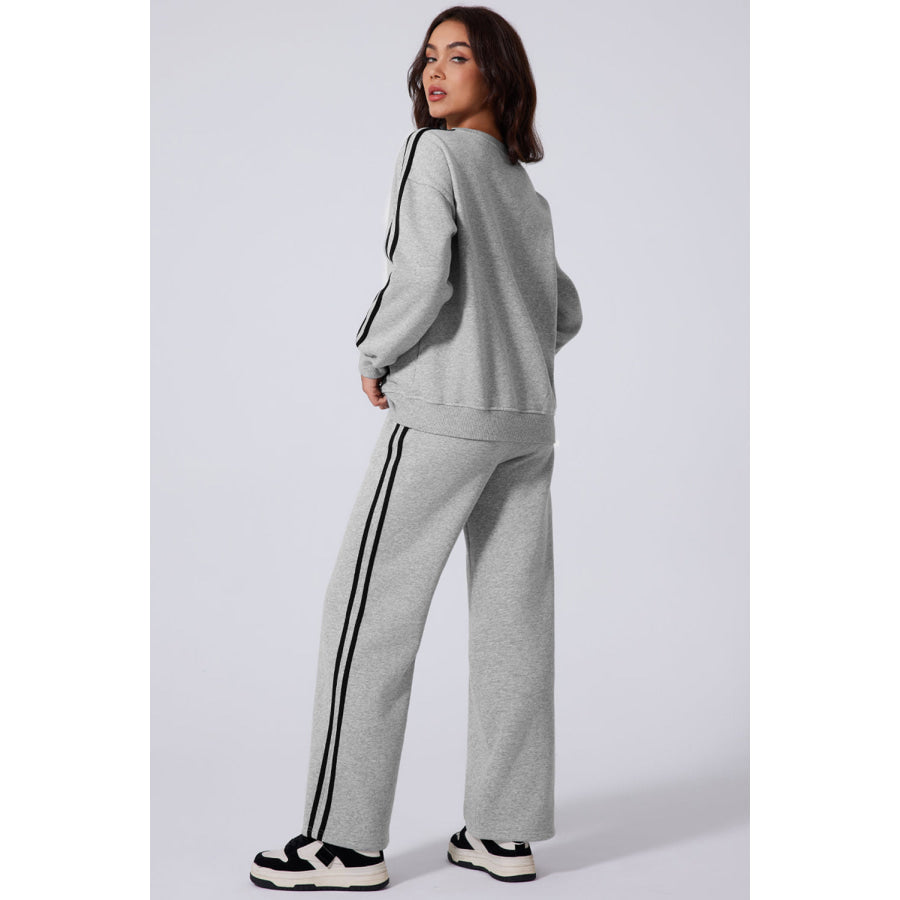 Side Striped Round Neck Top and Pants Active Set Apparel and Accessories