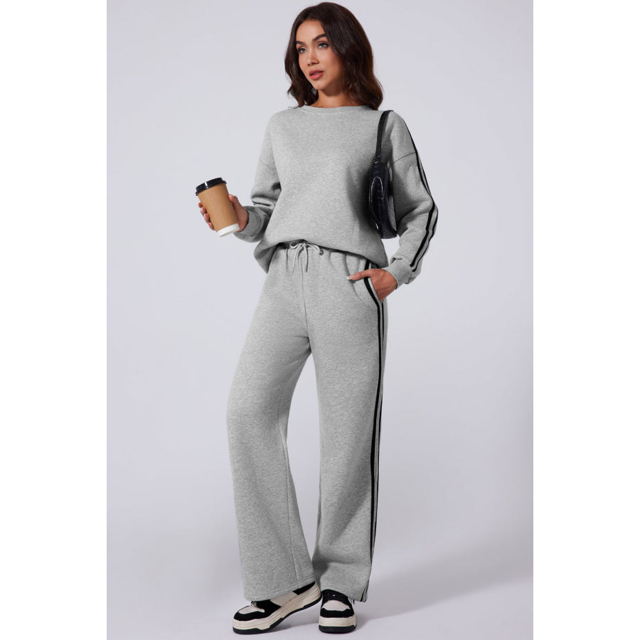 Side Striped Round Neck Top and Pants Active Set Apparel and Accessories