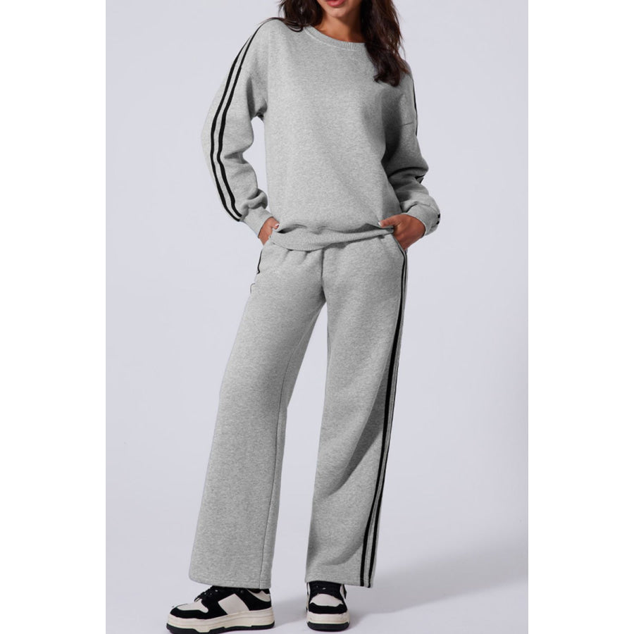 Side Striped Round Neck Top and Pants Active Set Light Gray / S Apparel and Accessories