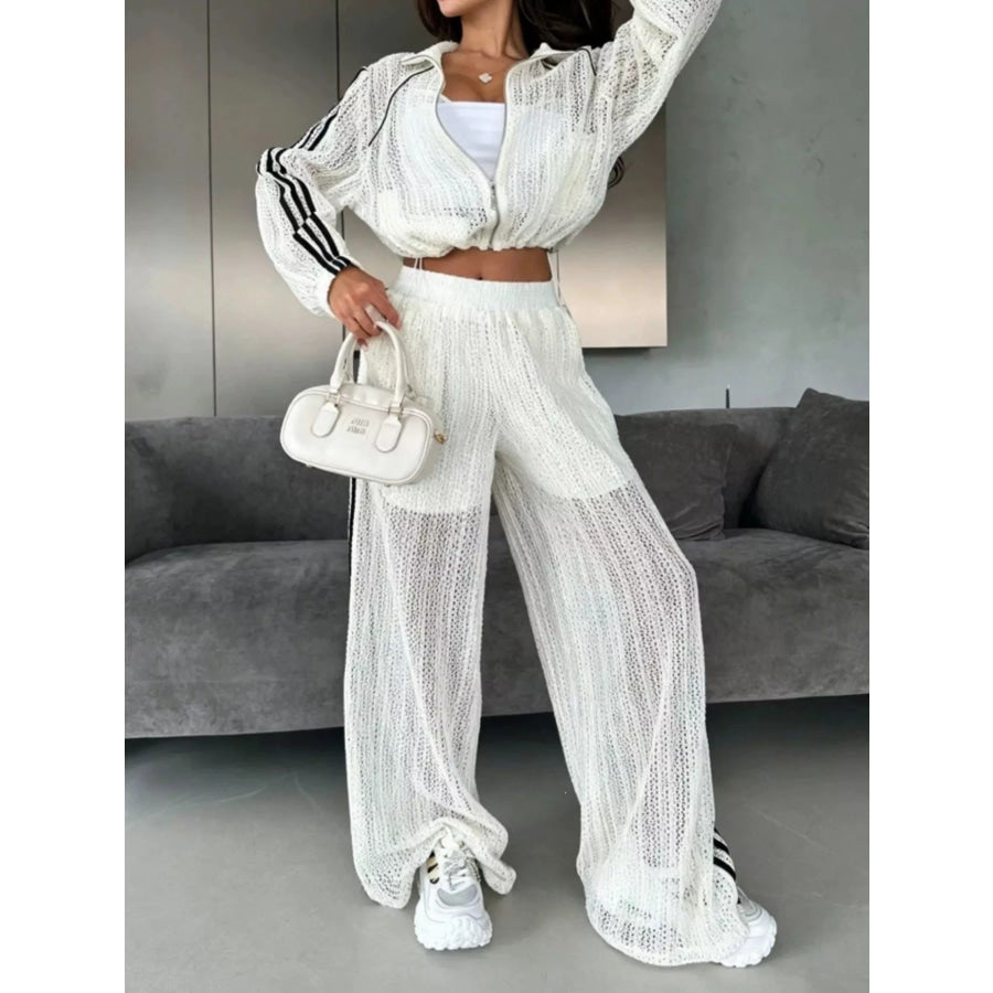 Side Stripes Zip Up Top and Pants Set White / S Apparel Accessories