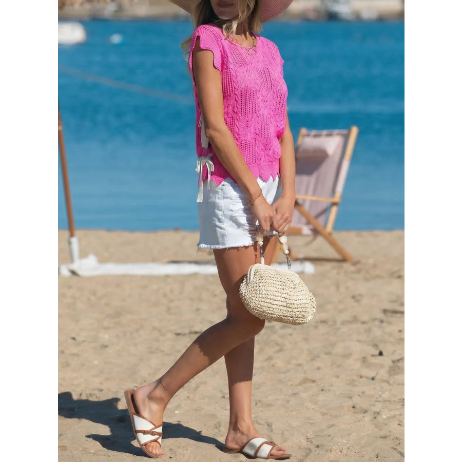 Side Tie Openwork Round Neck Sweater Vest Apparel and Accessories