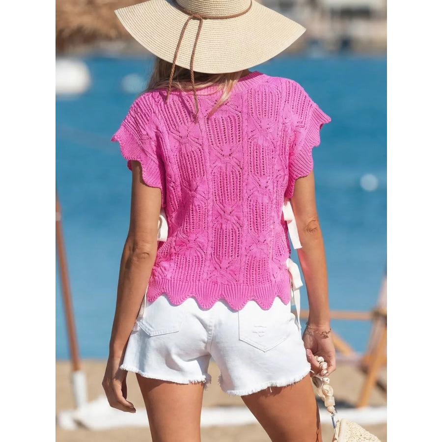 Side Tie Openwork Round Neck Sweater Vest Apparel and Accessories