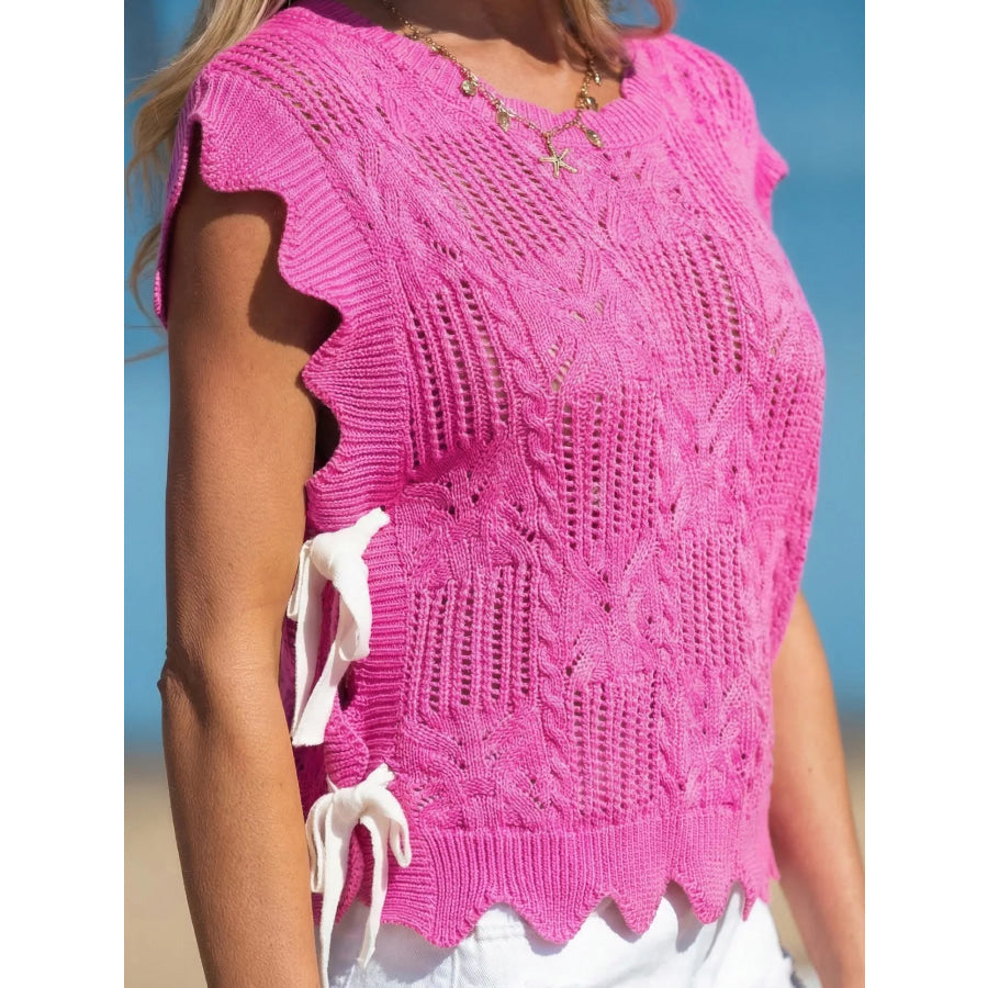 Side Tie Openwork Round Neck Sweater Vest Apparel and Accessories