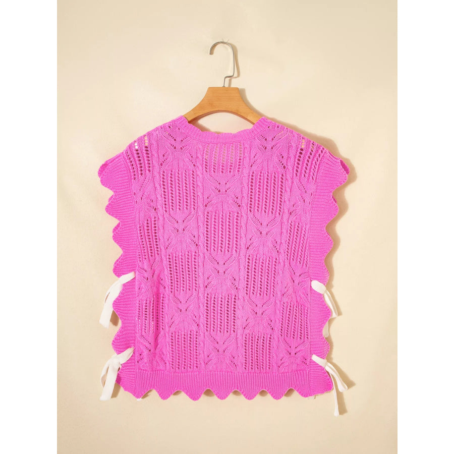 Side Tie Openwork Round Neck Sweater Vest Apparel and Accessories