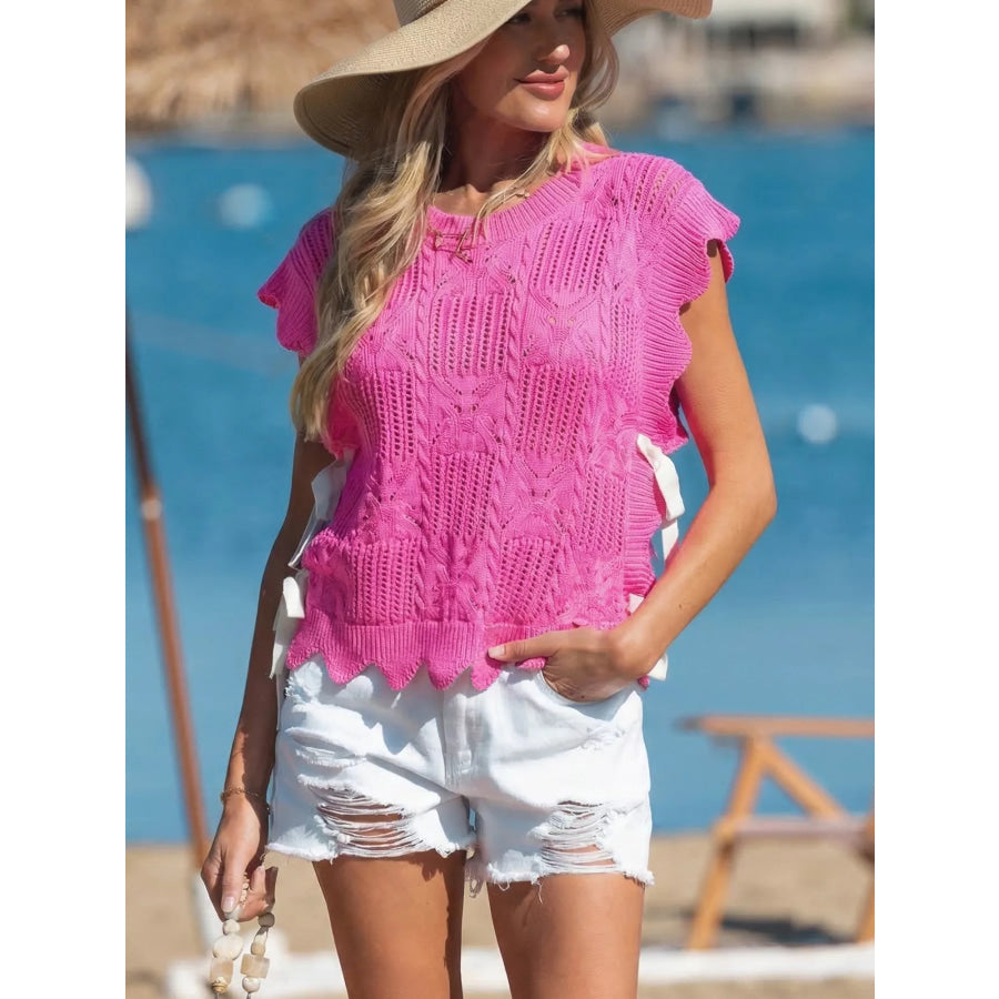 Side Tie Openwork Round Neck Sweater Vest Fuchsia Pink / S Apparel and Accessories