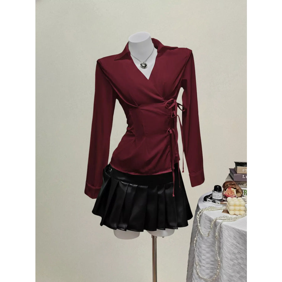 Side Tied Long Sleeve Shirt Wine Red / S Apparel and Accessories