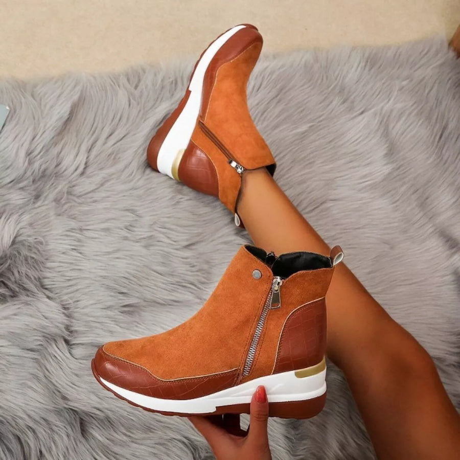Side Zipper Ankle Boots Brown / 35 Apparel and Accessories