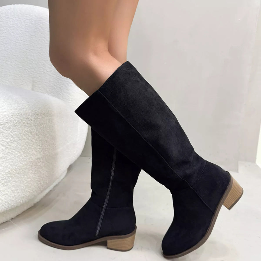 Side Zipper Closure Suede Knee-High Boots Black / 36 Apparel and Accessories