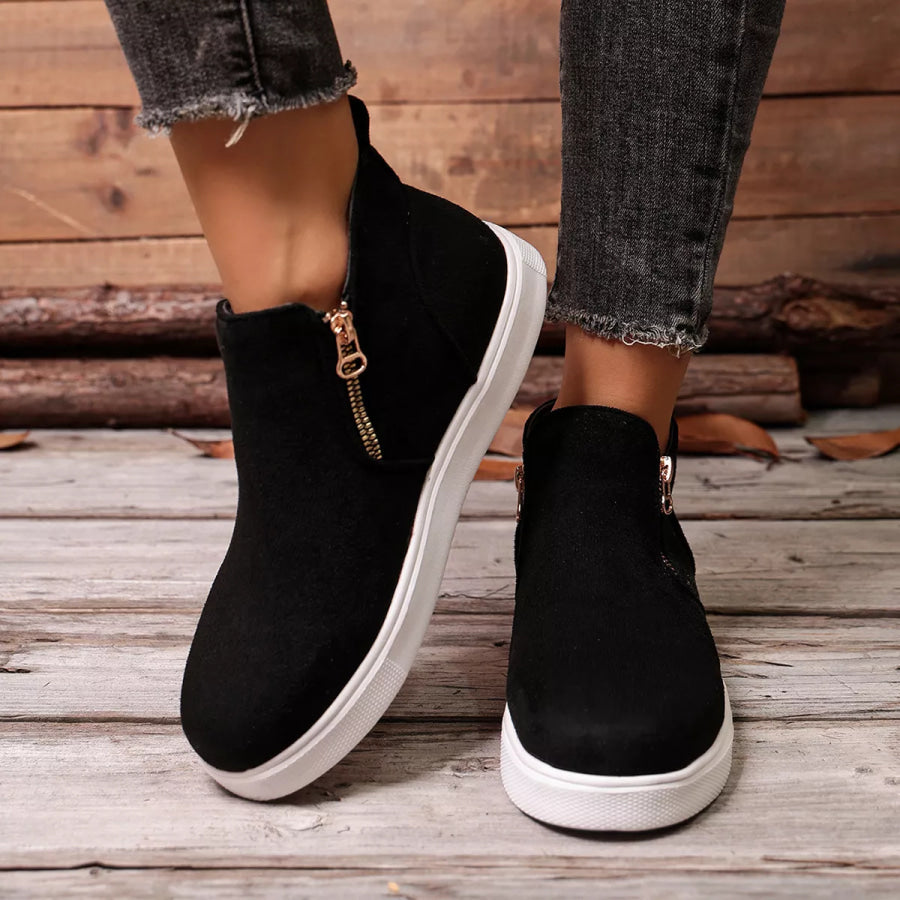 Side Zipper Flat Sneakers Black / 36 Apparel and Accessories
