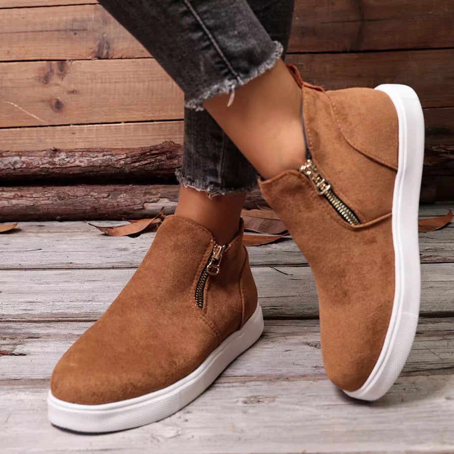 Side Zipper Flat Sneakers Brown / 36 Apparel and Accessories