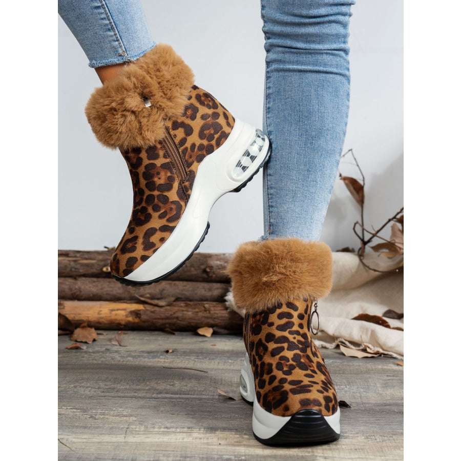 Side Zipper Leopard Platform Boots Apparel and Accessories